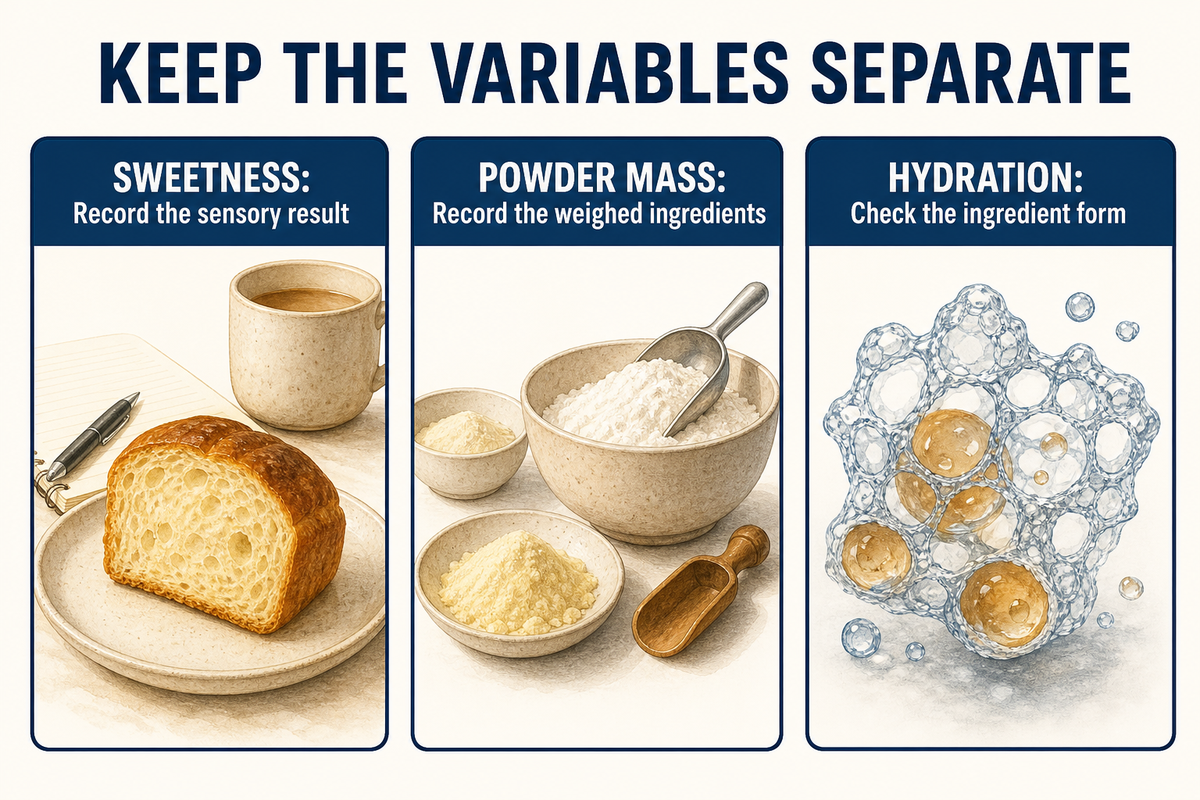 Equal powder mass does not establish equal dry solids; hydration and sweetness need separate records (JECFA).