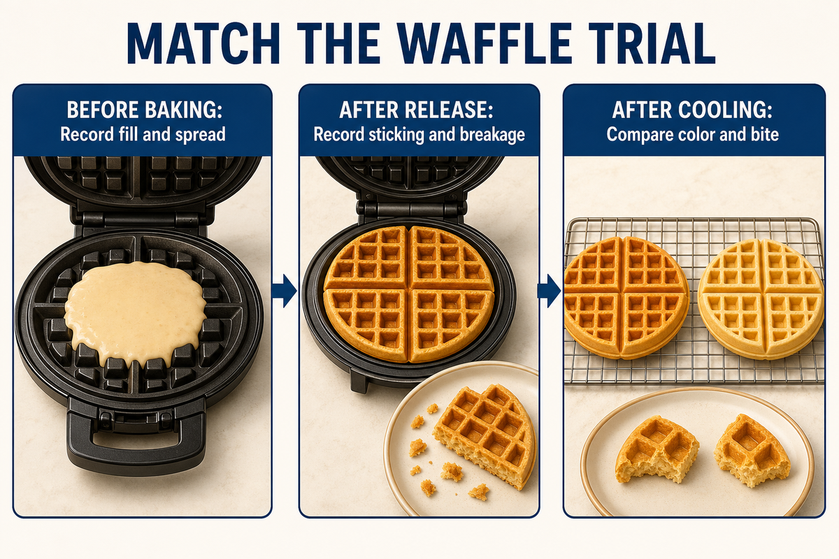 Match the cooling interval and record waffle release and bite; cake laboratory conditions are not a waffle recipe.