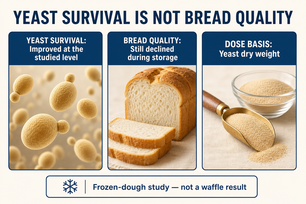 Frozen-dough research found improved yeast survival alongside poorer stored bread quality (Salas-Mellado and Chang).