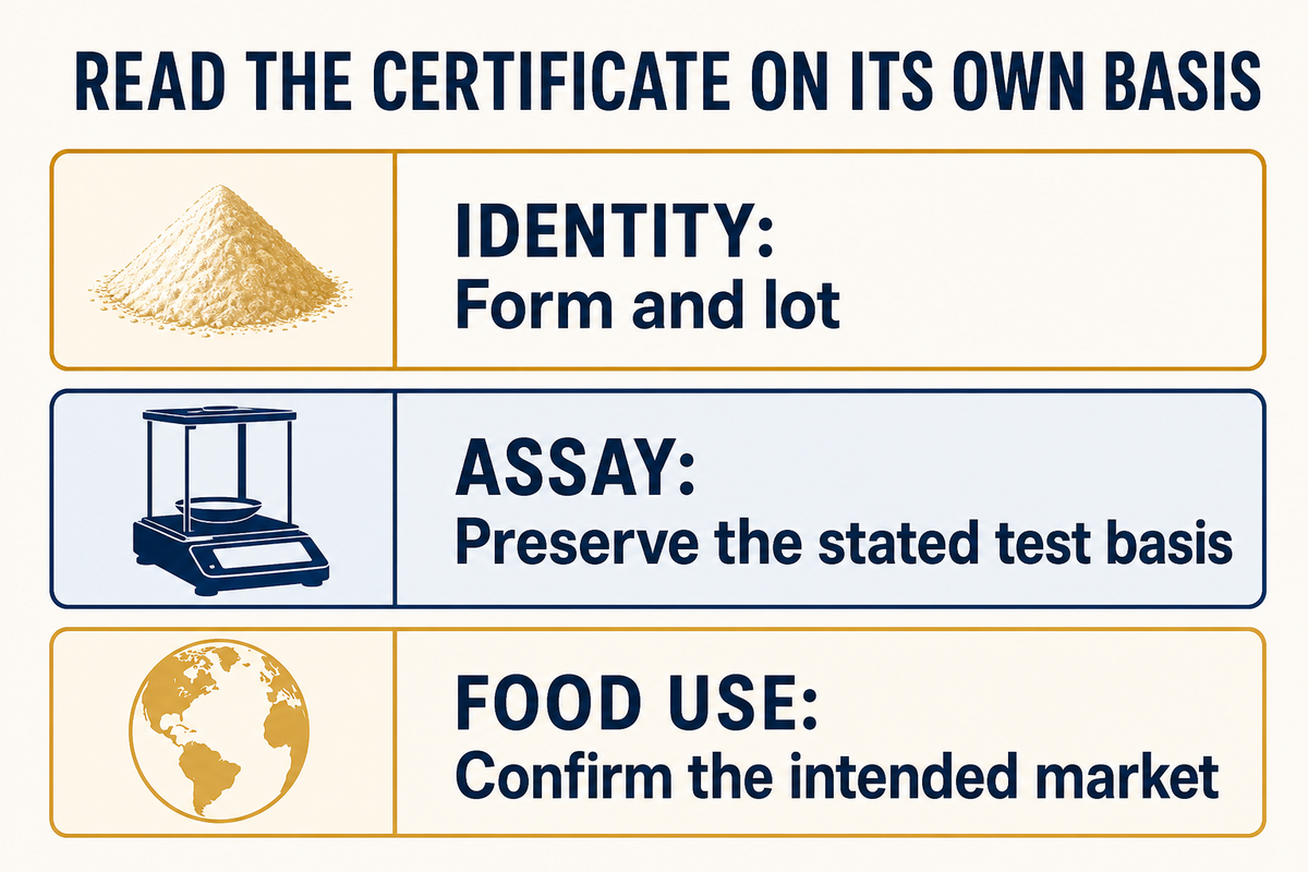 Trehalose identity, dry-basis assay and intended food use require separate checks (JECFA and FDA GRN 45).